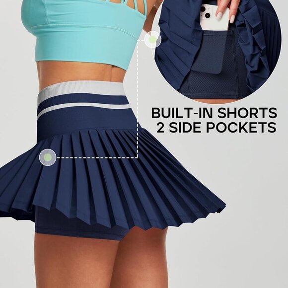 Navy women's high waisted pleated tennis skirt with pockets, UV protection, abov - Picture 4 of 5